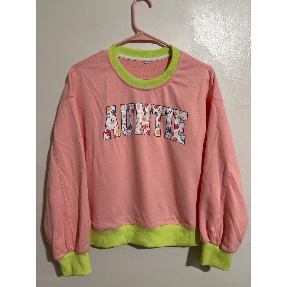 Floral Auntie Sweatshirt Crewneck‎ Pink & Green Pullover Women's Top medium NWOT